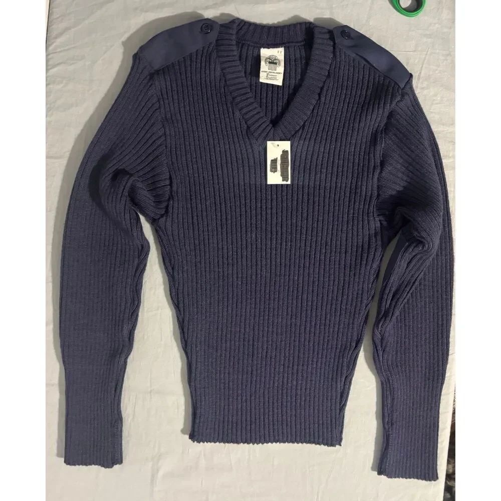 Vintage Military Commando Sweater Mens Wool Navy Rib Knit USA Small Blue Stretch